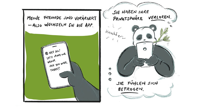 Hand holds a cell phone with text message. Panda munches the branch and reads his phone. “My friends are upset. So they’re switching apps. They lost their privacy. They feel betrayed.”