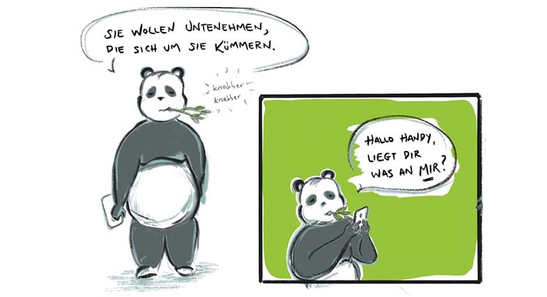 Panda puts phone down and says, ‘They want companies to care.’ Then panda looks at his phone and asks, ‘Hey Phone, do you care about me?’ Panda puts phone down and says, ‘They want companies to care.’ Then panda looks at his phone and asks, ‘Hey Phone, do you care about me?’