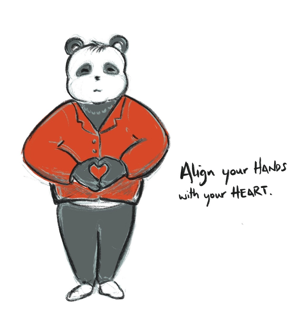 Sketch: Panda in red suit jacket with thumbs and fingertips touching to make a heart shape.