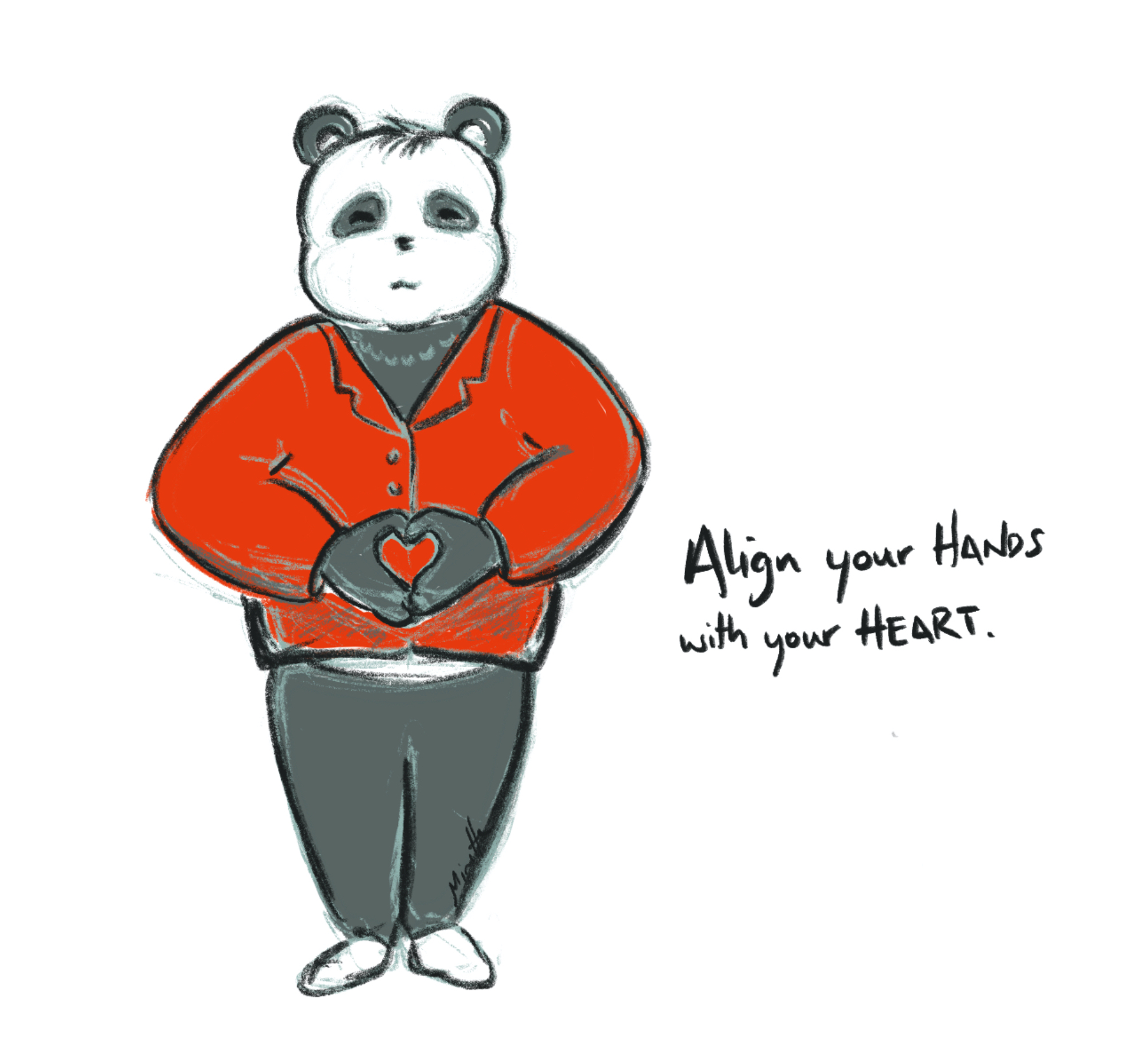 Sketch: Panda in red suit jacket with thumbs and fingertips touching to make a heart shape.