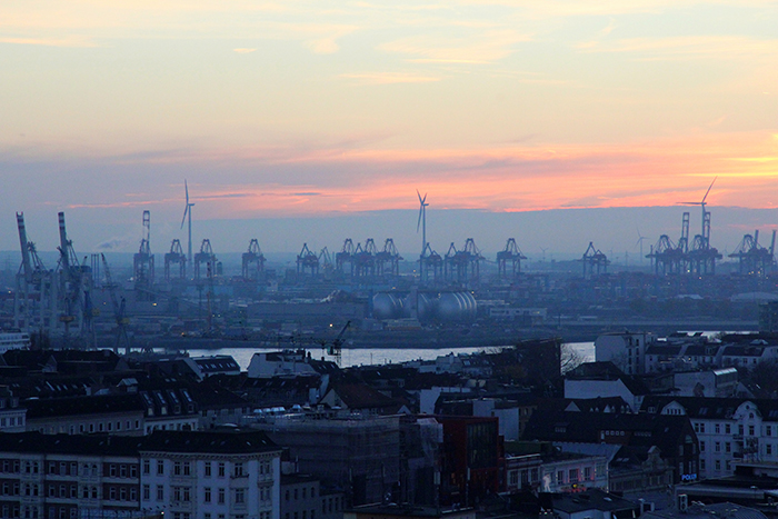 hamburg industrial estate skyline at dusk