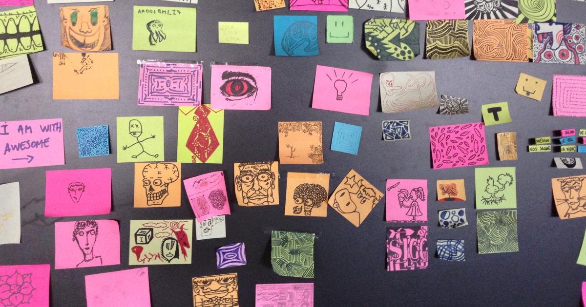 Every designer needs an outlet  lots of hand drawn images stuck to a wall