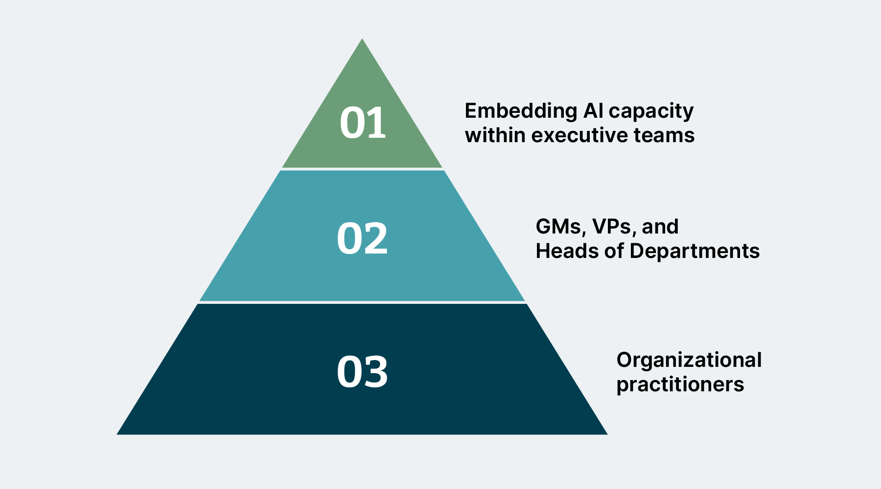 A pyramid showing the key roles within an organization where you need to embed AI capacity