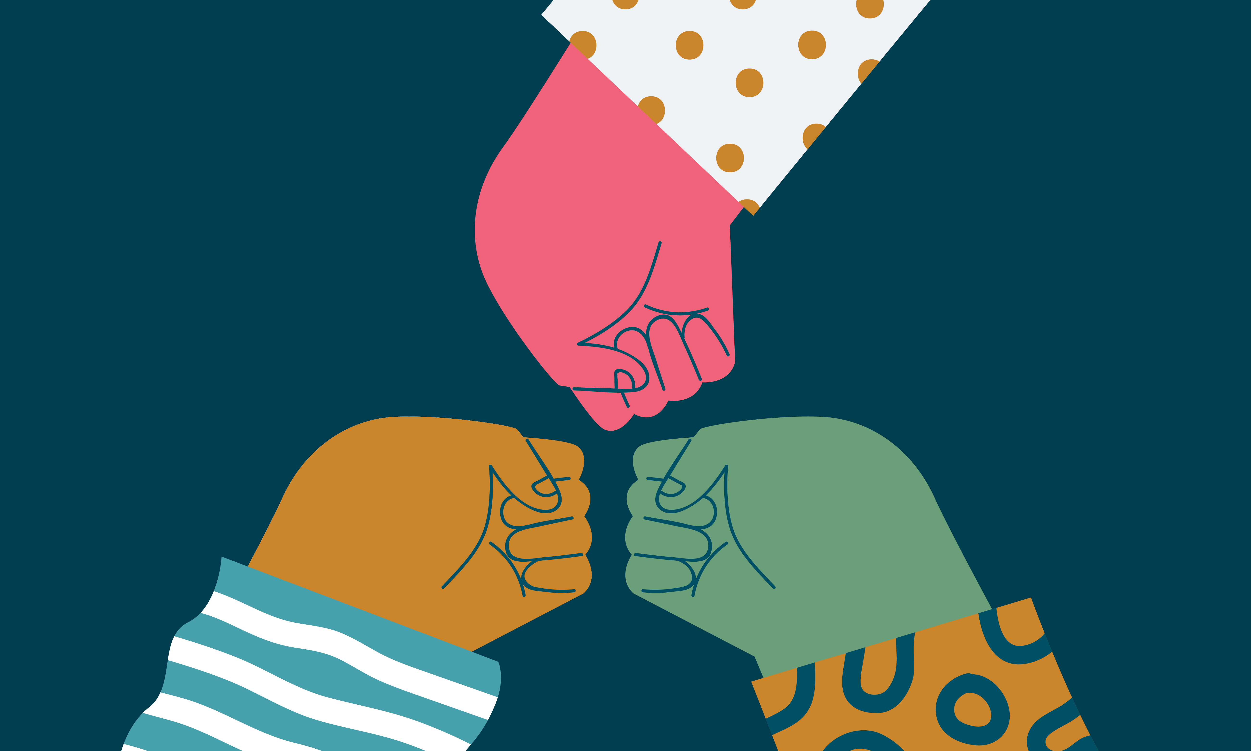 illustration of three hands fist bumping each other to show collaboration and team work