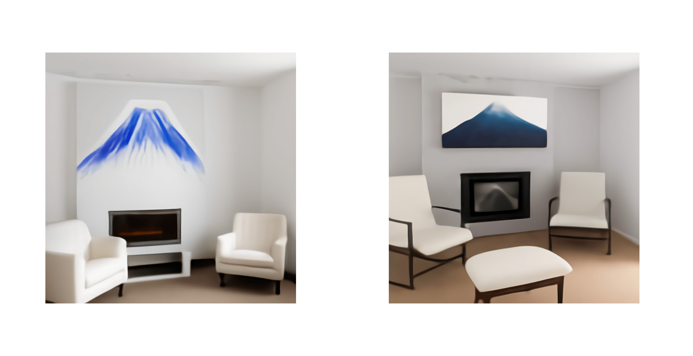 A living room with two white armchairs and a painting of Mount Fuji. The painting is mounted above a modern fireplace.
