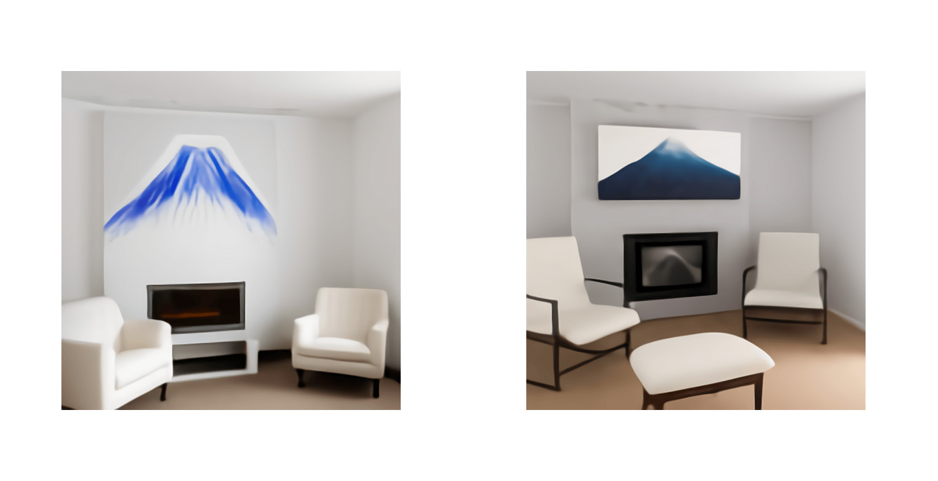 A living room with two white armchairs and a painting of Mount Fuji. The painting is mounted above a modern fireplace. A living room with two white armchairs and a painting of Mount Fuji. The painting is mounted above a modern fireplace.