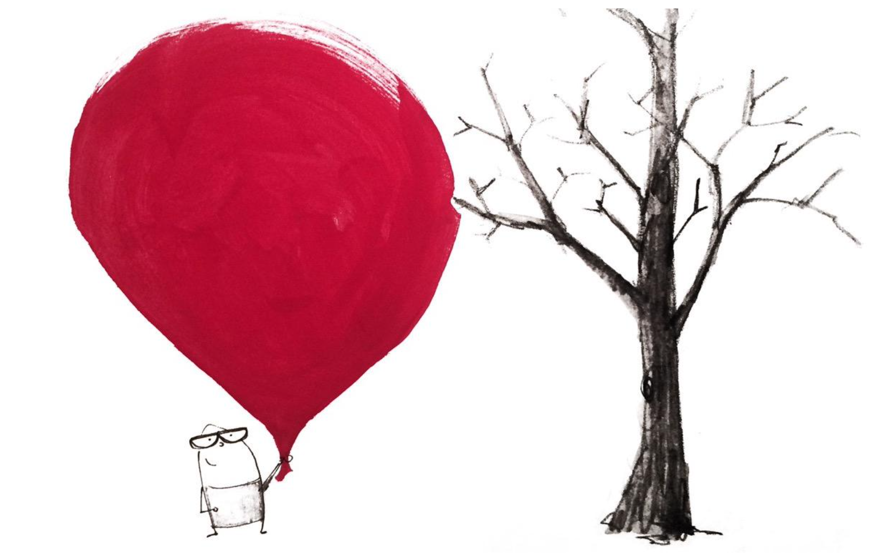 Artwork by Dougal McPherson shows a cartoon figure holding a large red ballon next to a tree