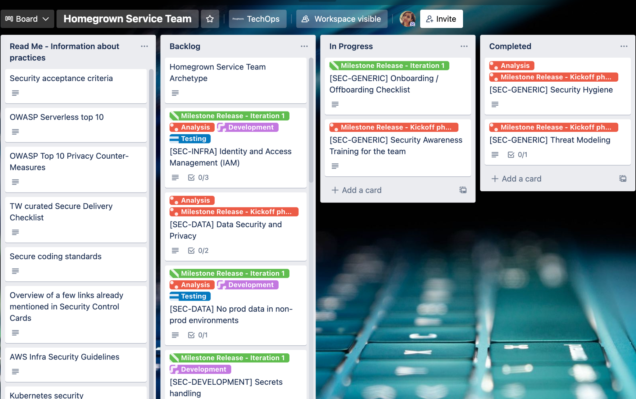 The screenshot shows a snapshot of a board containing 4 swimlanes (left to right) Information about practices, Backlog, In progress and Completed. Each control card has a category of either infrastructure, data, development, etc. The controls have a label highlighting if this should be picked in kickoff phase or iteration 1. The type of product for which the board is created is a homegrown service. The board is a snapshot of the lifecycle of a delivery team with cards moving from backlog to completed