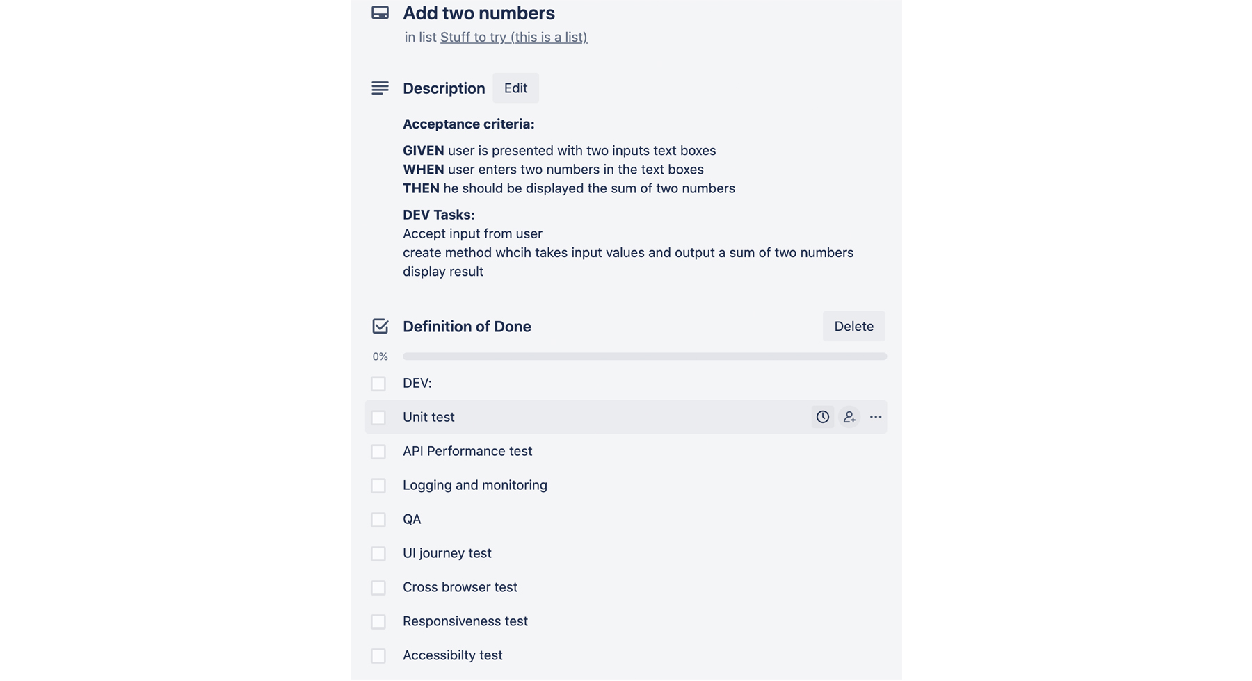 Sample story card with tests covered in DoD List