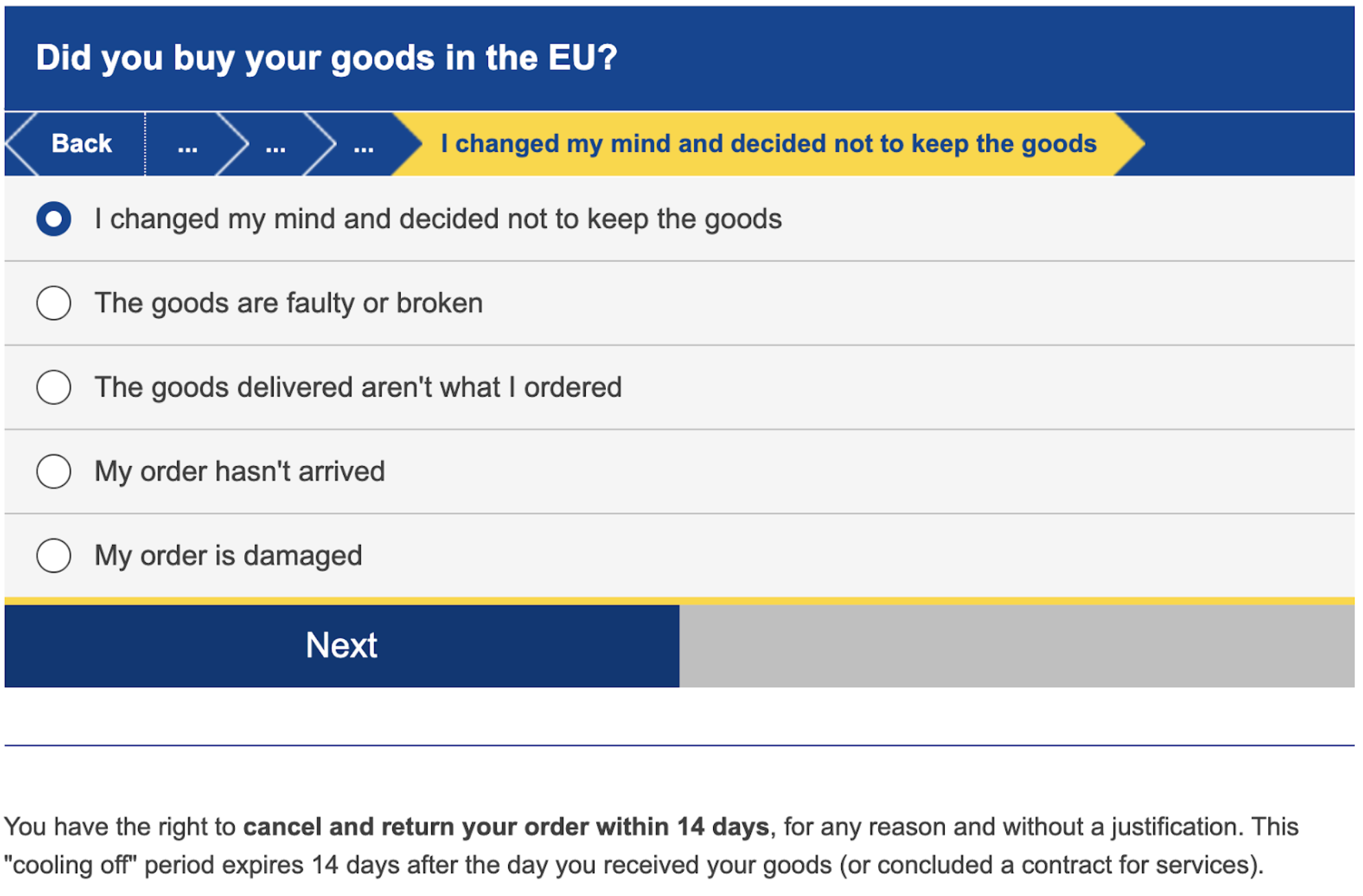 Snap shot of a digital tool that helps consumers understand their rights when they buy in the EU. The tool helps the consumer with information on their rights when things go wrong with the purchases.
