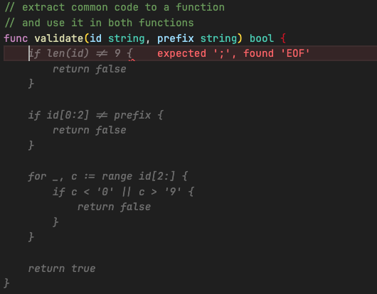 Extracting common code only required a simple prompt. The correct function signature was suggested, followed by the correct implementation.