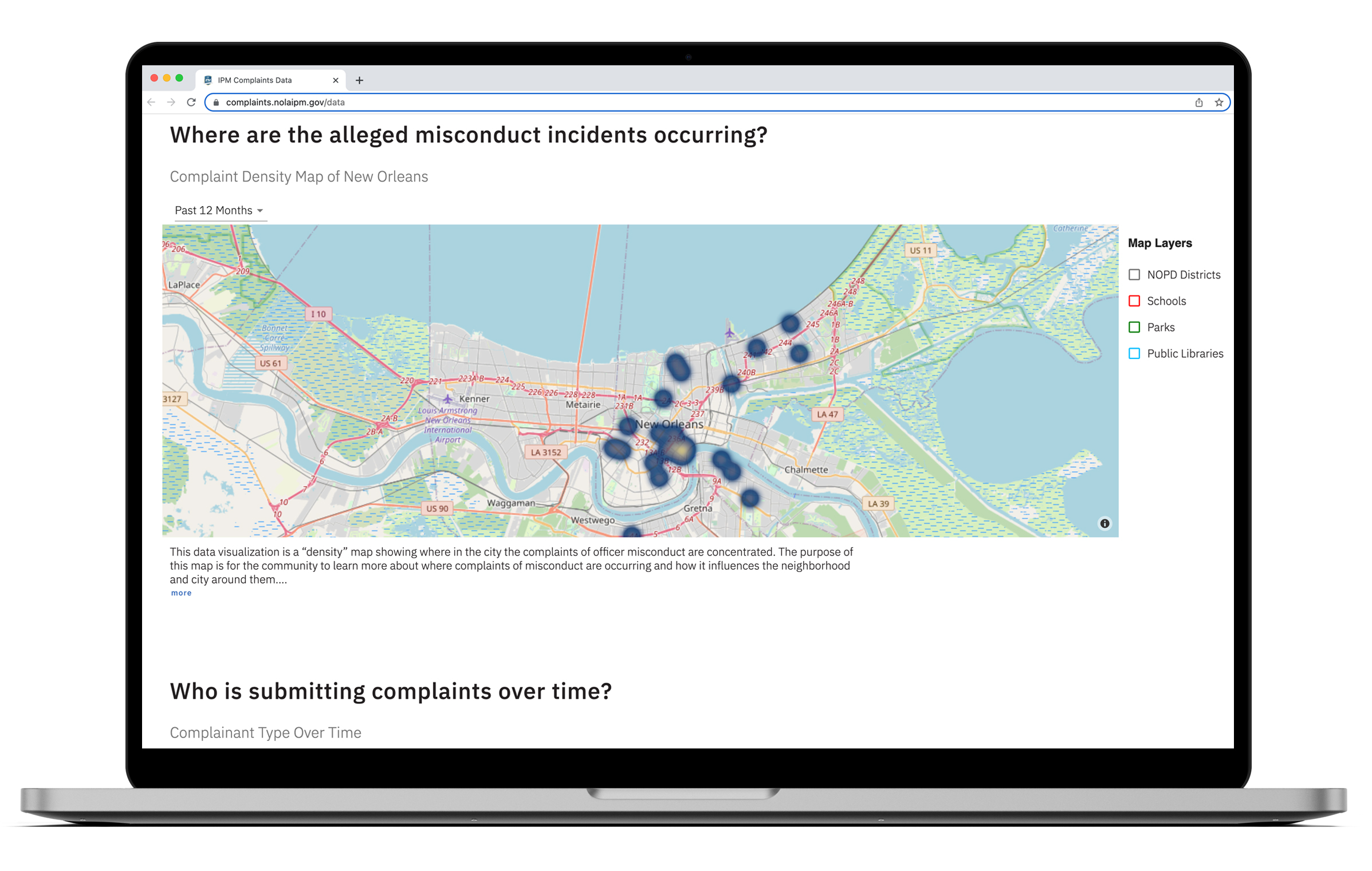 Complaint Manager UI that features a heat map of potential complaints