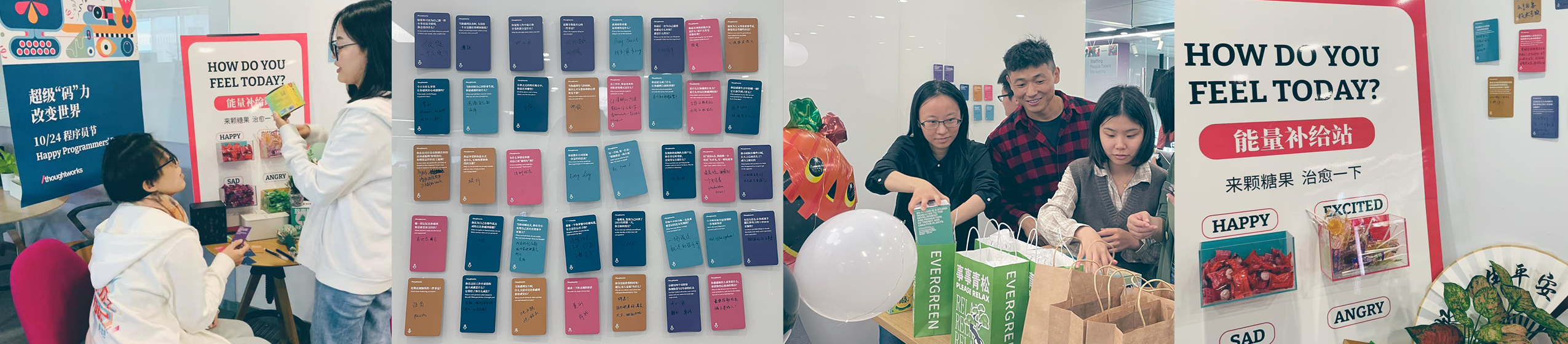 Thoughtworkers in China at mood stations and enjoying mental health focused gatherings