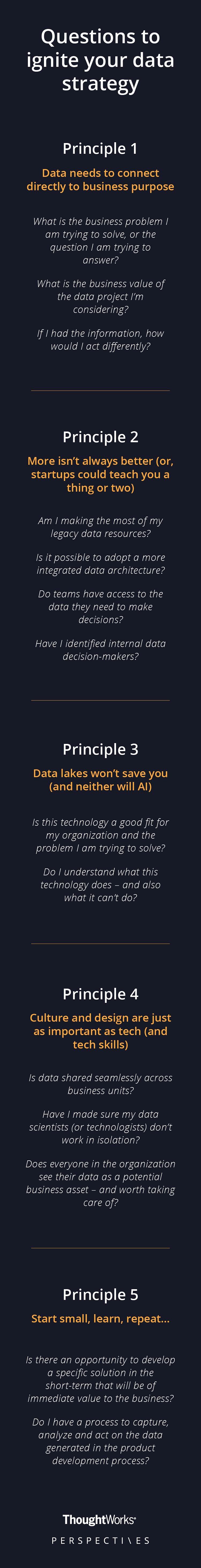 Questions to ignite your data strategy Principle 1: Data needs to connect directly to business purpose | Principle 2: More isn’t always better (or, startups could teach you a thing or two) | Principle 3: Data lakes won’t save you (and neither will AI) | Principle 4: Culture and design are just as important as tech (and tech skills) | Principle 5: Start small, learn, repeat …