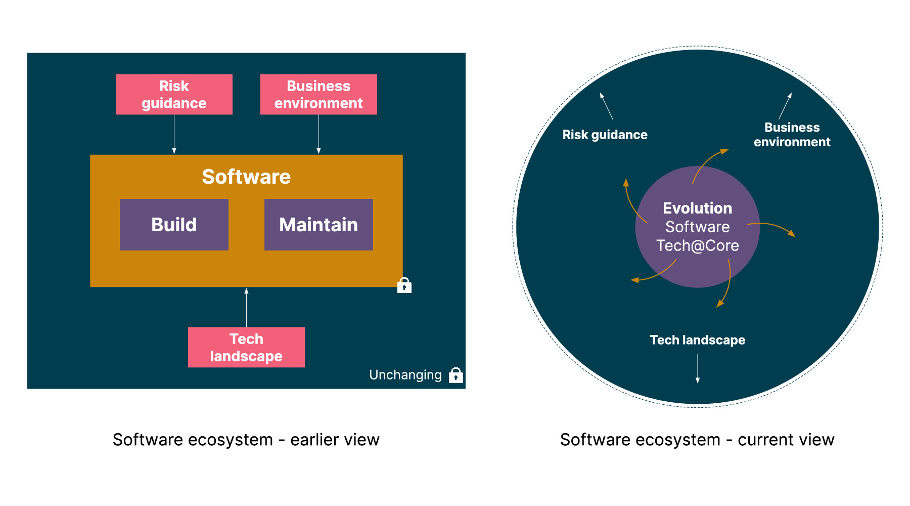software ecosystem earlier (unchanging) vs current view (continuous change)