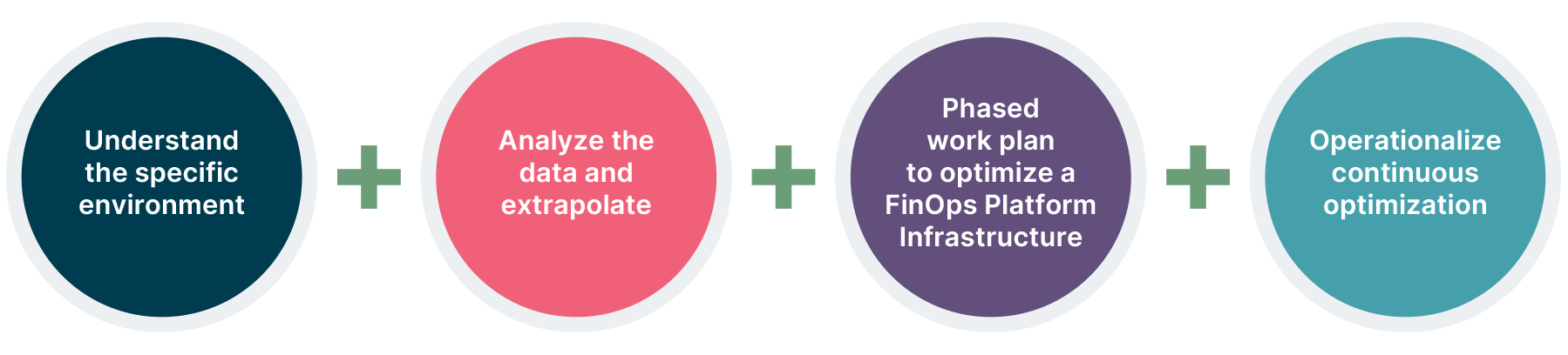 Four circles with text: 1) Understand the specific environment 2) Analyze the data and extrapolate 3) Phased work plan to optimize FinOps Platform Infrastructure 4) Operationalize continuous optimization