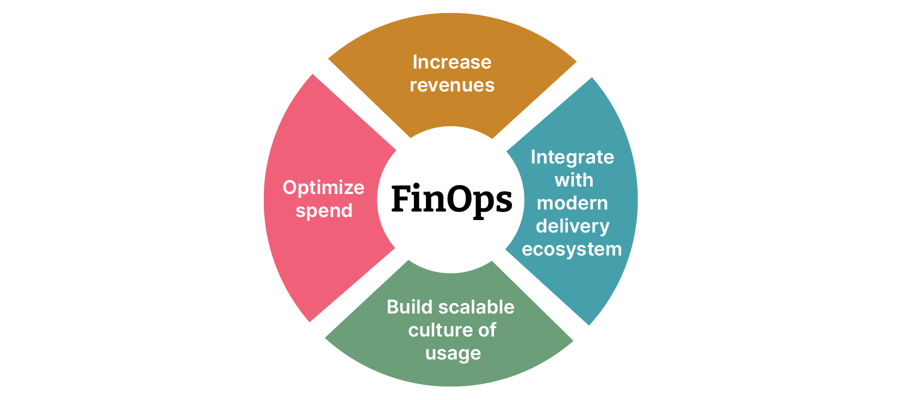 Flywheel with FinOps at the center and Increase revenues, integrate with modern delivery ecosystem, build scalable culture of usage and optimize spend around