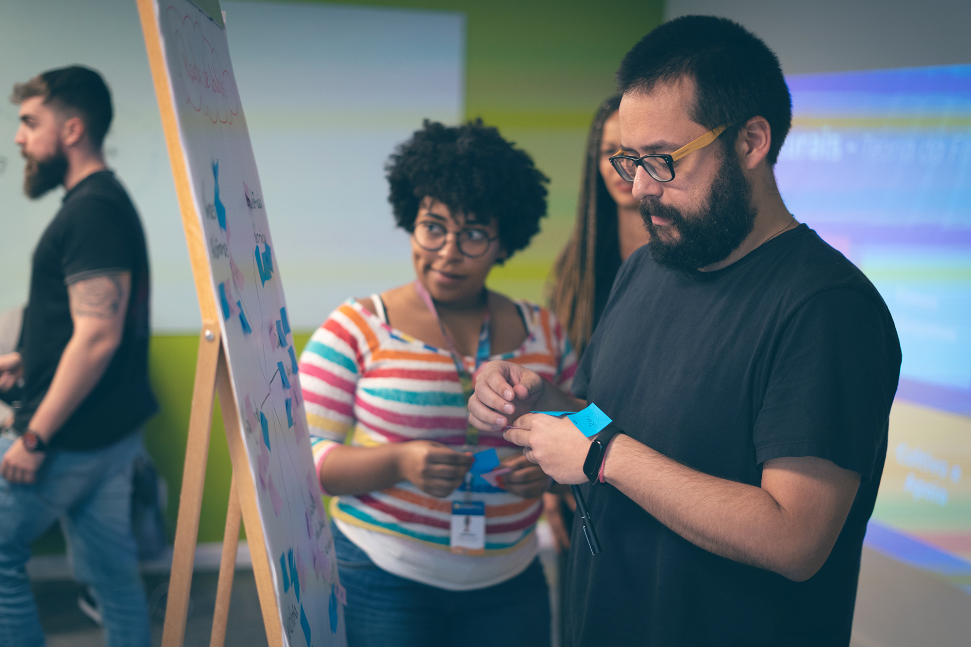 People working on white board to prioritize generative AI needs