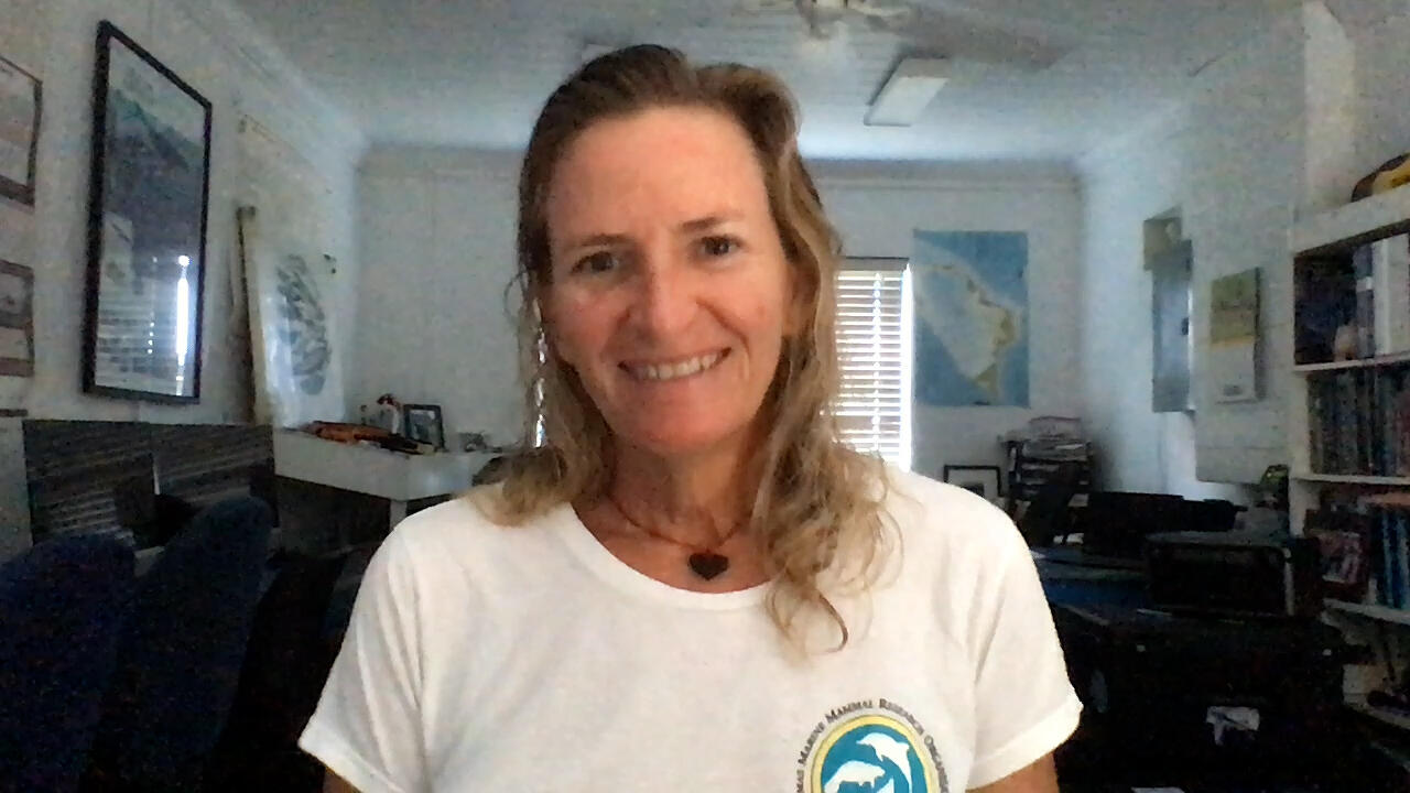 Charlotte Dunne, in her office in the Bahamas, smiling at us during a Zoom interview