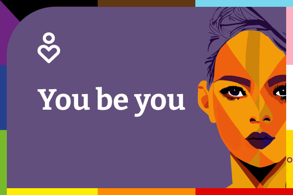 Illustration of a gorgeous queer person with short hair, a slight pout in bright purple and yellow