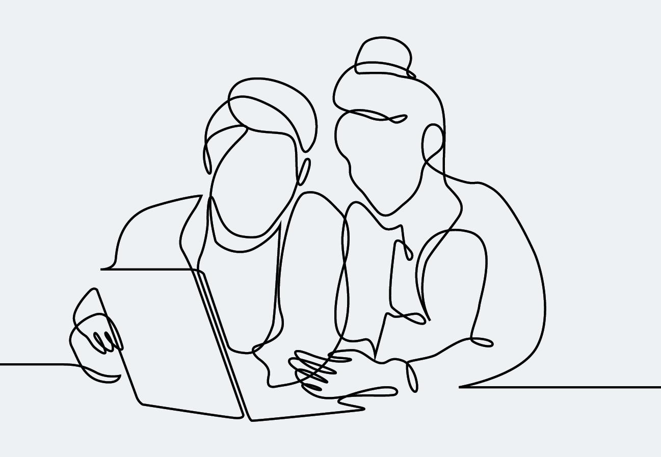 Illustration of two people working at a laptop