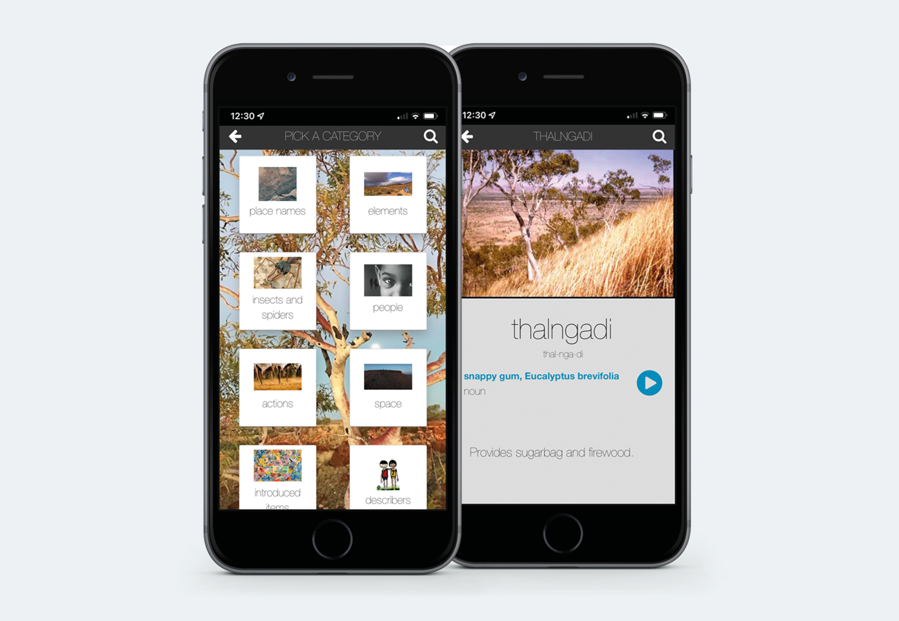 Gooniyandi app showing on iPhone screens - each word is translated with an accompanying image