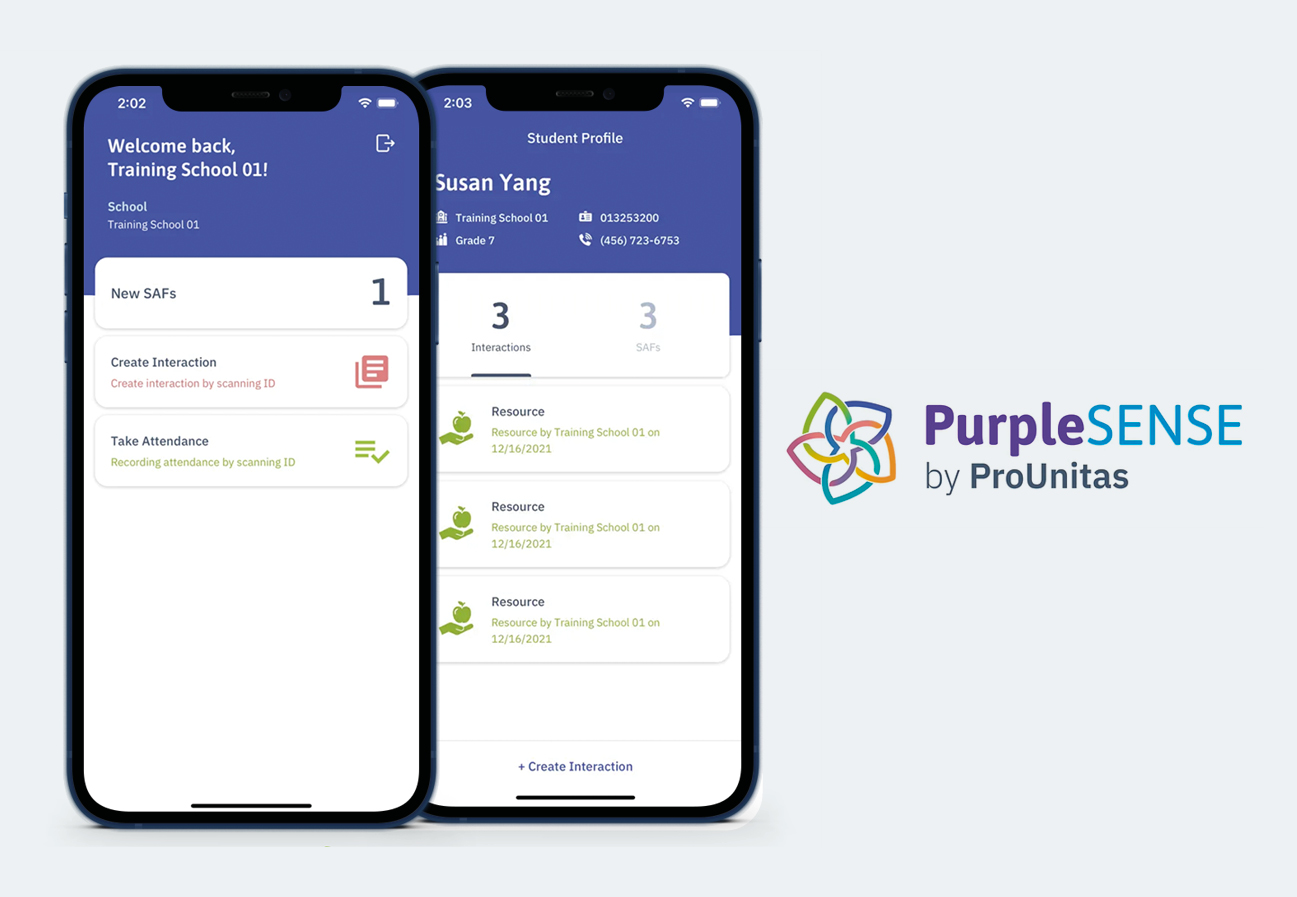 PurpleSENSE mobile app showing on two iphone screens - text is not legible