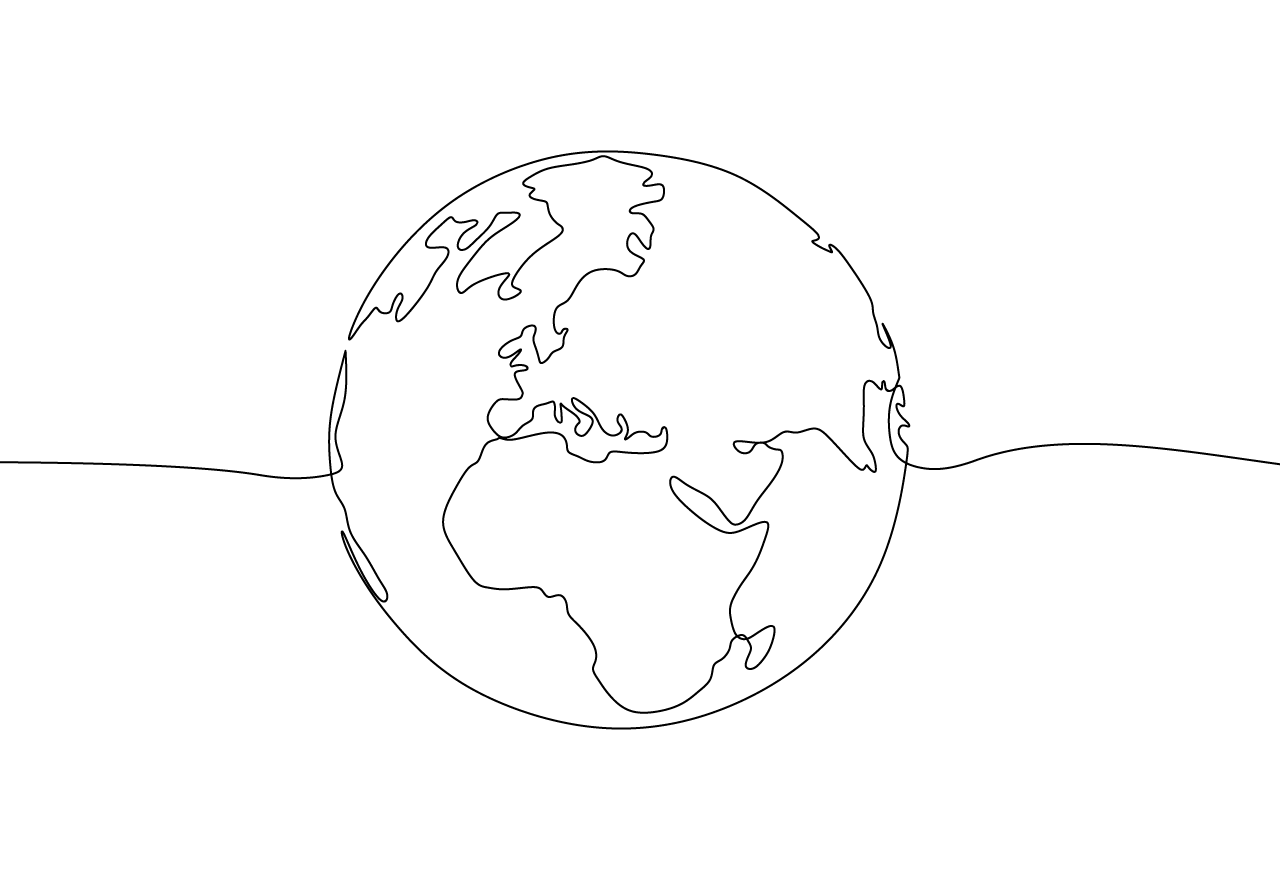 . Line drawing of the world with line ribbons either side