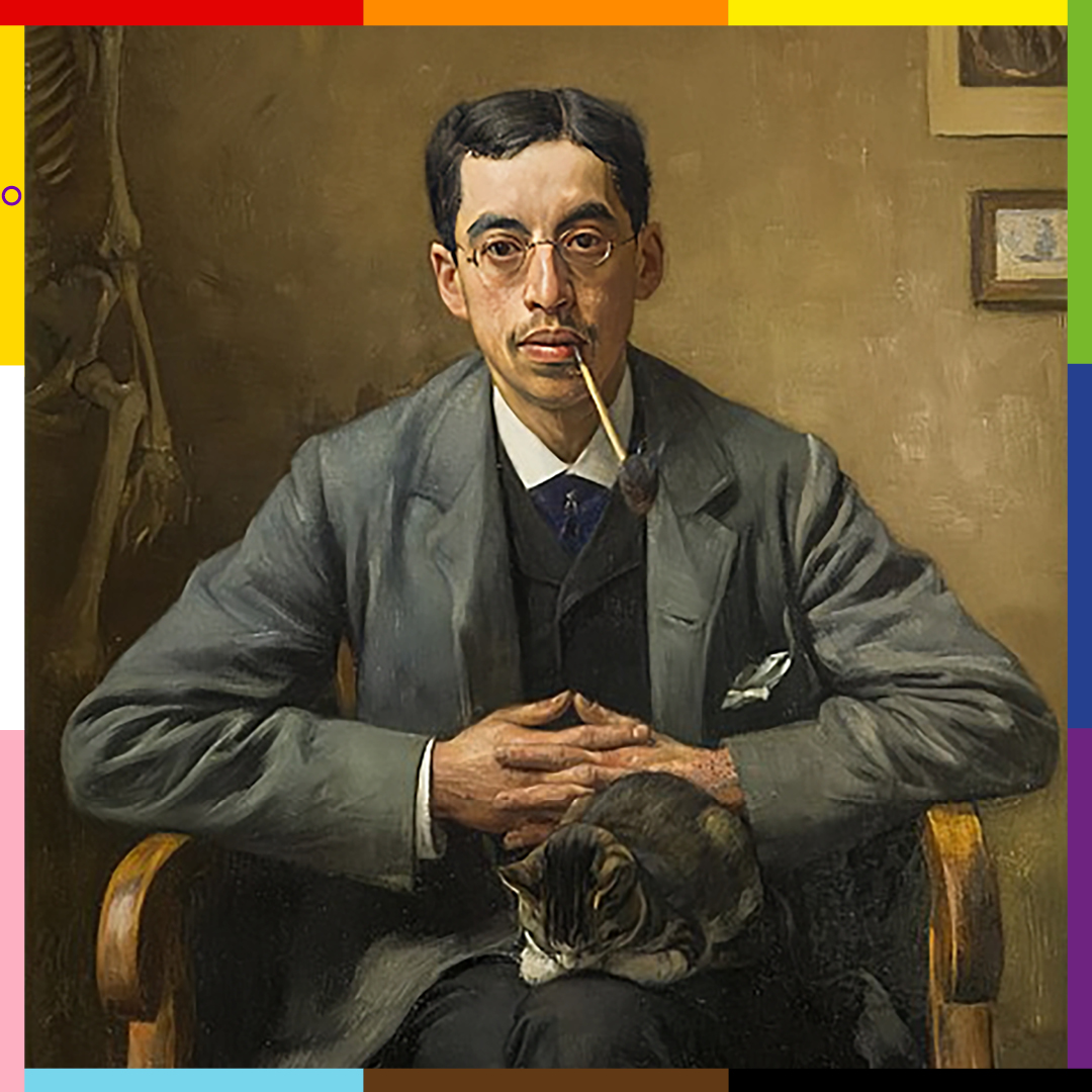 An oil painting of John, formally dressed, sitting on a chair, smoking a pipe. He has a grey cat sittin on his leg.