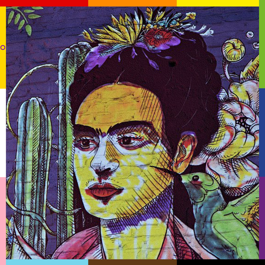 A colourful self portrait of Frida Kahlo. She has her hair in an updo with a floral headpiece and is framed with the Pride colors