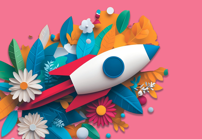 A papercut illustration of a rocket being launched, with flowers exploding out of it instead of smoke