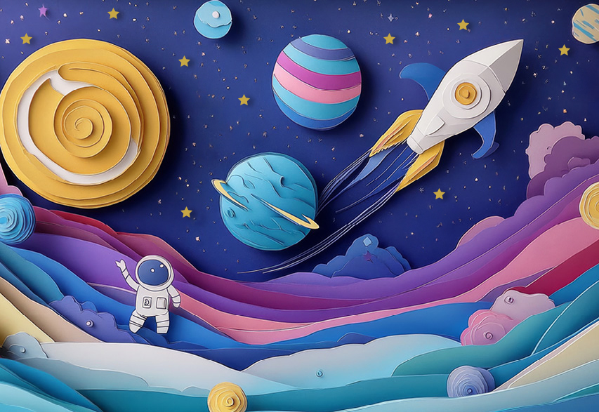 A papercut illustration of astronauts exploring. Various planets, a rocket and a lunar landscape suggest childhood imagination, stories and play.