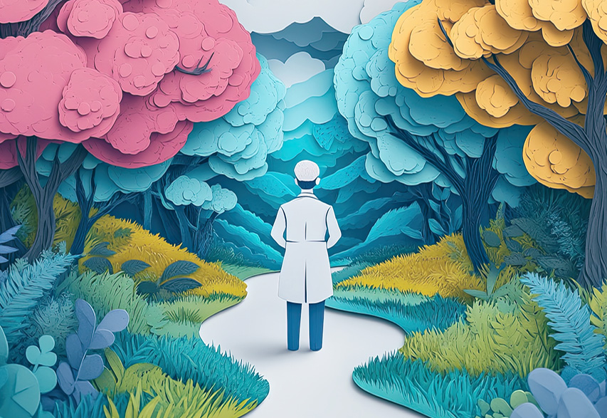 A papercut illustration showing a doctor at a diagnostic crossroads