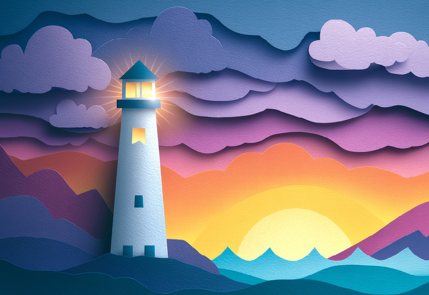 A papercut illustration depicting a lighthouse against a stormy sky. The lighthouse beams the path ahead.
