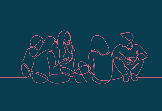 Line drawing of a group of teenagers sitting on the floor
