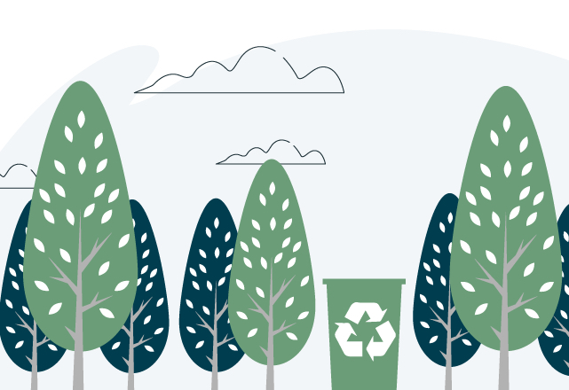 Illustration of trees and recycling bins